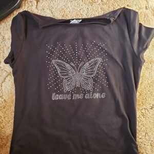 Black T-Shirt with Rhinestone Butterfly Design